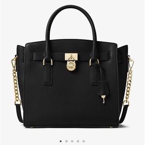 MICHAEL KORS HAMILTON SHOULDER TOTE BAG BLACK LEATHER CLASSIC‎